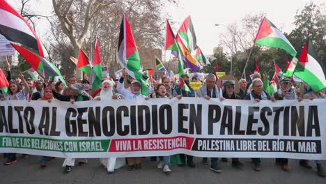 Los-Manifestantes-Se-Manifiestan-Mientras-Sostienen-Una-Pancarta-Y-Banderas-Palestinas-En-Solidaridad-Con-Palestina.