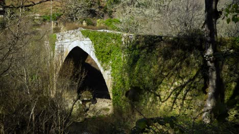 Antiguo-Puente-Romano-Cubierto-De-Musgo-Y-Vid-Que-Cruza-El-Río-Navea-En-Ourense,-España