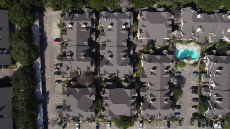 Birdseye-Aerial-View,-Modern-Residential-Complex-in-Houston-TX-USA,-Upscale-Neighborhood,-Homes-and-Streets,-Tiop-Down-Drone-Shot