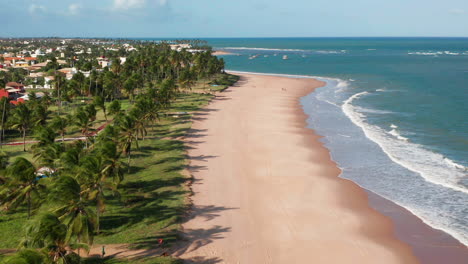 Aerial-view-of-the-beach,-large-green-area-with-palm-trees-and-some-people-walking,-Guarajuba,-Bahia,-Brazil