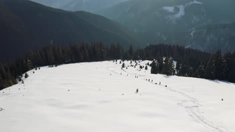 Schneebedeckte-Berglandschaft-In-Iezer-Papusa,-Rumänien-Mit-Wanderern,-Bäumen-Und-Wanderwegen