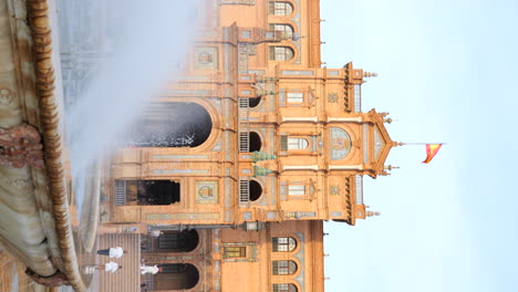 Vertical-View-of-Plaza-de-España-From-Water-Fountain-In-Seville,-Spain