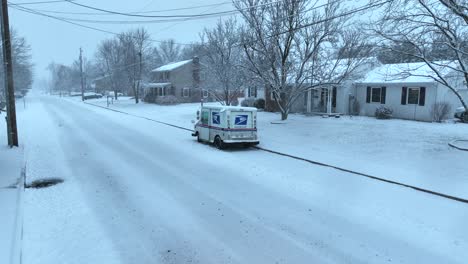 USPS-mail-delivery-truck-parked-in-American-neighborhood-during-blizzard