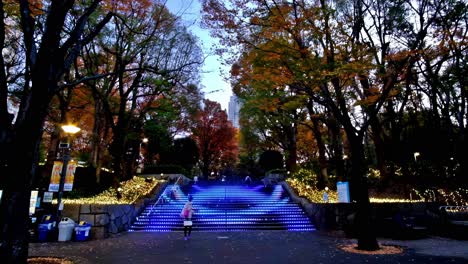 Ein-Attraktives-Merkmal-Des-Shinjuku-Chuo-Parks-In-Tokio-Sind-Die-LED-beleuchteten-Stufen-An-Jedem-Ende,-Die-Jeden-Tag-Ab-Einbruch-Der-Dunkelheit-Für-Eine-Unterhaltsame-Lichtshow-Sorgen.