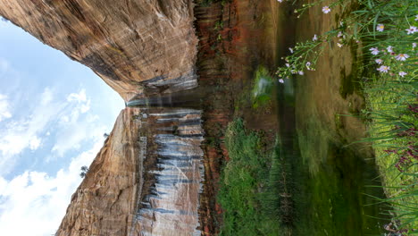 Vista-Vertical-De-Upper-Calf-Creek-Falls-Con-Plantas-Verdes-En-Utah,-EE.UU.
