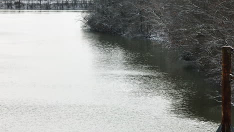 Bare-Trees-And-Pond,-Lake-Sequoyah-In-Arkansas,-USA-During-Snowfall---Drone-Shot