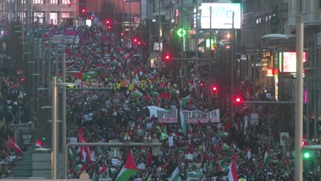 Durante-La-Noche,-Una-Multitud-Se-Reúne-En-Solidaridad-Con-Palestina,-Marchando-Y-Ondeando-Banderas-Palestinas-En-El-Centro-De-Madrid,-Exigiendo-El-Fin-De-La-Guerra-En-Gaza.