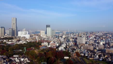 Daytime-aerial-view-of-a-bustling-cityscape-with-skyscrapers-and-clear-skies