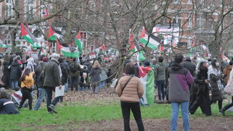 Demonstranten-Mit-Palästinensischen-Flaggen-Und-Bannern-Versammeln-Sich-Im-Londoner-Park