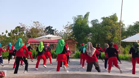 Women-do-gymnastics-in-the-city-park,-Blora,-Indonesia
