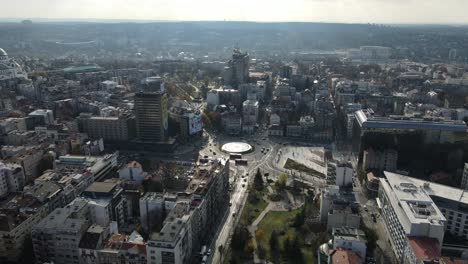 Aerial-View-of-Downtown-Belgrade,-Serbia,-Slavija-Square-and-Roundabout,-Buildings-and-Traffic,-Drone-Shot