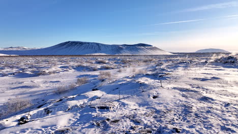 Snow-covered-volcano-crater-in-Iceland-on-a-clear-day,-pan-shot