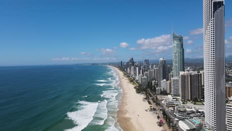 Aerial-view-of-Australia's-iconic-Gold-Coast-city-high-rise-skyline-and-world-famous-Surfers-Paradise-Beach