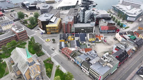 Aerial-View,-Tromso-Cathedral-and-Harbor,-Norway