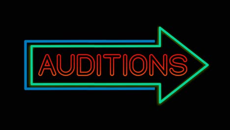 Animated-neon-Auditions-sign-with-right-facing-arrow
