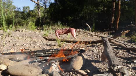 Un-Conejo-Desollado-Asándose-En-Un-Palo-Sobre-Una-Fogata