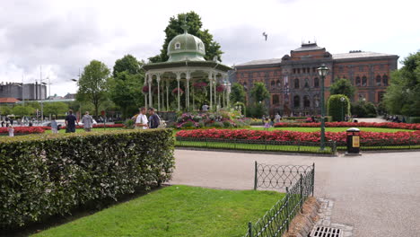 Music-Pavilion-in-Central-Park-of-Bergen,-Norway,-City-Landmark-and-People,-Slow-Motion
