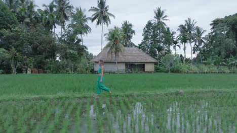 Tracking-Drohnenaufnahme-Einer-Attraktiven-Frau-In-Grüner-Kleidung,-Die-Durch-Reisfelder-In-Ubud,-Bali,-Indonesien-Läuft