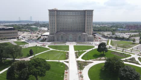 Aerial-forwarding-close-up-shot-from-the-Michigan-Central-Station,-recently-restored-by-Ford-Motor-Company-in-Detroit,-Michigan