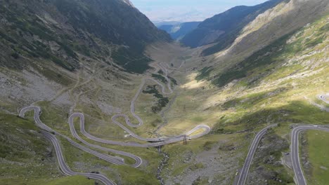 Mountain-Road-Transfagarasan-in-Carpathians,-Romania,-Europe---Aerial-4k-Tilting-Up
