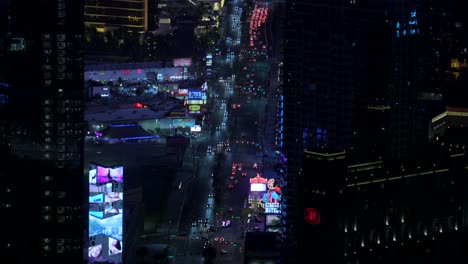 Looking-down-on-the-lights-of-Las-Vegas-Boulevard-at-night,-Nevada,-USA