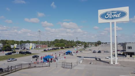 UAW-on-strike-at-the-Ford-Motor-Company-Wayne-Assembly-Plant,-Wayne,-Michigan,-USA,-aerial-view