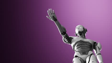 humanoid-cyborg-prototype-moving-arm-and-showing-palm-hand-empty-space-for-adding-object-,-purple-background,-artificial-intelligence-concept-of-futuristic-task-scenario-low-angle-view