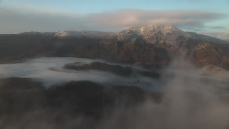 Toma-Panorámica-De-Un-Lugar-Nevado-Con-Nubes-Sobre-El-Lago-Katrine