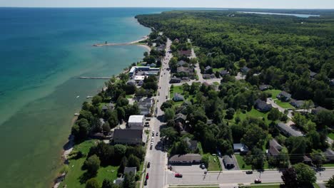 Drone-shot-looking-down-over-bailey's-harbor-in-Wisconsin-on-a-sunny-day