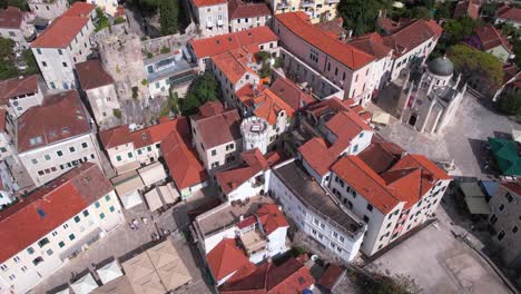 Old-Town-Herceg-Novi,-Montenegro,-Drone-Shot-of-Sahat-Kula-Clock-Tower-and-Old-Stone-Buildings