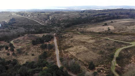 Aerial-panning-right-shot-of-the-heathland-and-paths-on-Woodbury-Common-Devon-England