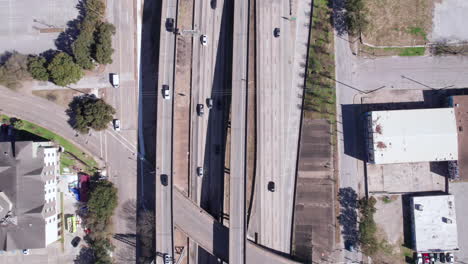 Drone-Shot-of-US-69-and-I-59-Highway-Traffic,-Eastex-Freeway-in-Houston,-Texas-USA