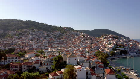Aerial-view-over-the-beautiful-Skopelos-town-also-known-as-chora-in-Skopelos-island,-Sporades,-Greece