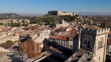 Aerial-establishing-shot-of-Fort-St-André-overlooking-the-surrounding-town