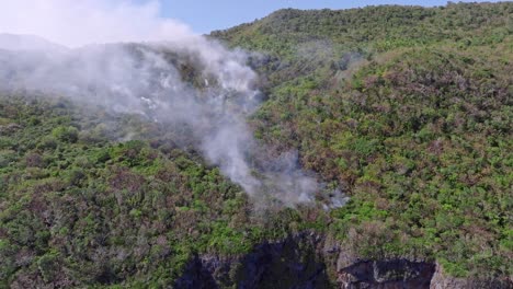 Aerial-approaching-shot-of-burning-rainforest-in-national-park-with-rising-smoke