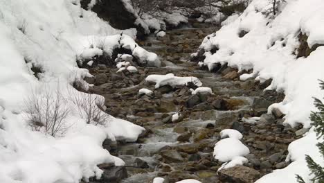 Rapids-Flowing-Over-Rocks-In-Freezing-Mountain-River-In-Boise-National-Forest,-Idaho,-USA