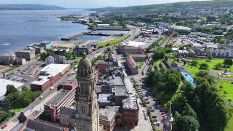 Aerial-View-of-Greenock-Town-Hall,-Municipal-and-Waterfront-Buildings-on-Sunny-Summer-Day,-Scotland-UK