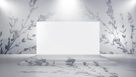Banner-Modell-Mit-Weißem-Bildschirm-Auf-Dem-Podium-Mit-Grauem-Hintergrund-Und-Zweigschatten