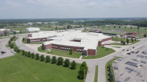 Iconic-American-high-school-complex,-aerial-drone-view