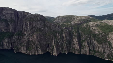 Toma-Aérea-Fija-De-Los-Acantilados-Debajo-De-Preikestolen,-En-Lysefjord-En-Noruega.