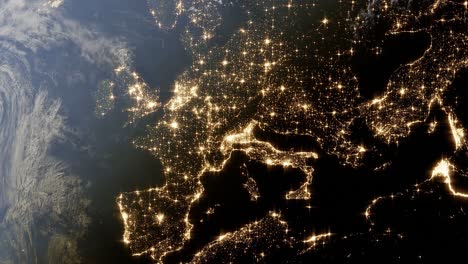 Animation-of-planet-earth-rotating-with-Europe-light-pollution-map-showing-main-capital-city-from-the-space,-view-from-the-space-of-solar-system-planet-earth