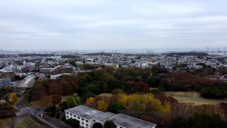 Autumn-colors-blanket-a-cityscape,-cloudy-skies-above,-hint-of-urban-life
