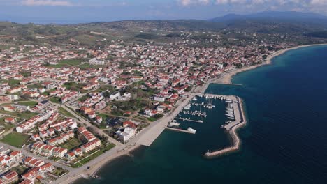 Aerial-view-of-the-amazing-seaside-town-of-Nikiti-in-Chalkidiki-Greece