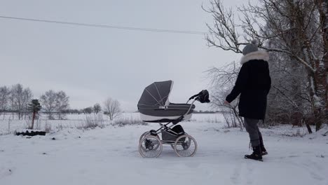 Madre-Camina-Hasta-El-Cochecito-De-Bebé,-Se-Pone-Guantes-De-Invierno-Y-Revisa-Al-Bebé