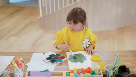Adorable-little-girl-preschooler-enjoys-painting-process,-dipping-paintbrush-into-watercolor-paint,-drawing-on-paper