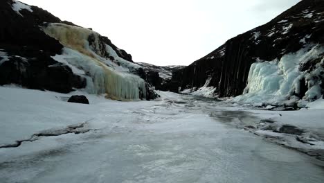 Un-Dron-De-4k,-Tomas-Aéreas-Y-Cinematográficas-De-Agua-Que-Fluye-Rápidamente-Con-Glaciares-A-Cada-Lado-En-Medio-De-La-Montaña-Rocosa-En-Islandia