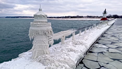 Ice-covered-Saint-Joseph-Lighthouse,-winter-evening-in-Michigan,-USA---Aerial-view