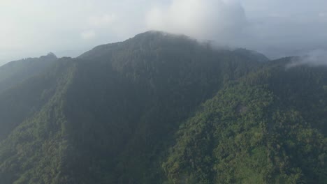 Aerial-view-of-misty-morning-landscape-in-mountains