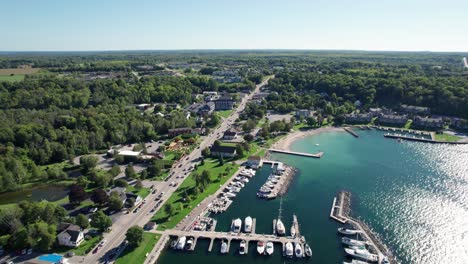 Drone-shot-showing-all-of-sister-bay-on-a-calm-sunny-day-in-September