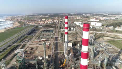 Aerial-Birds-Eye-Drone-View-of-a-Large-Chemical-Products-Refinery-in-Matosinhos,-Portugal